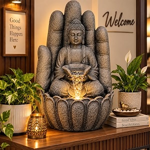 expleasia embossed palm buddha water fountain for home indoor water fountain big size fountain for home vastu buddha fountain 3 feet