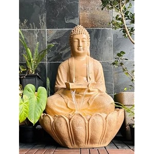 expleasia lotus buddha 3ft water fountain  indoor home office garden vastu decor  big size waterfall  65x65x90 cms stone beige
