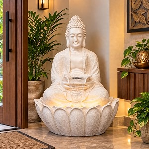 expleasia lotus buddha 3ft water fountain  indoor home office garden vastu decor  big size waterfall  65x65x90 cmspeach