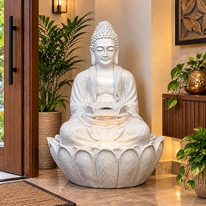 expleasia lotus buddha 3ft water fountain  indoor home office garden vastu decor  big size waterfall  65x65x90 cms warm white