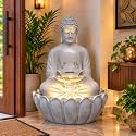 EXPLEASIA Lotus Buddha 3ft Water Fountain | Indoor Home Office Garden Vastu Decor | Big Size Waterfall | 65x65x90 cms |Stone Grey