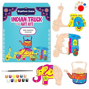 exploralearn - indian truck art form painting kit for kids 6-12  creative craft kit  gift for girls 6 7 8 9 10 12 15 - wooden diy kit