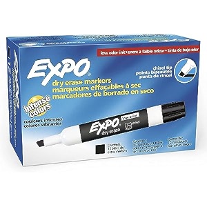 expo low odor chisel tip dry erase markers black 12 pack 80001