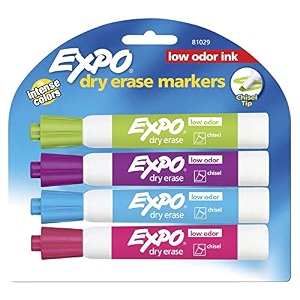 expo low odor chisel tip dry erase markers 4 colored markers81029