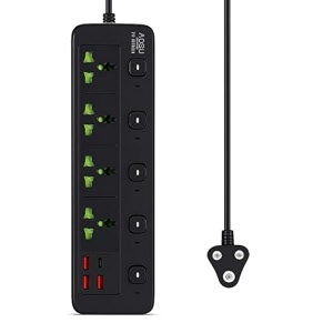 extension board with 20w fast pd type c 2500w 10a extension cord 4 universal socket 38w usb fast charging ports multi port extension for homeofficecomputermobile 2m power cord a85u-black