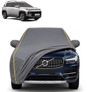 exter 100 waterproof car cover  dustproof sun protection cover  soft cotton lining  triple stitched  mirror pocket  antenna pocket  all weather body cover grey with yellow piping