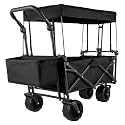 Extra Large Collapsible Wagon, Garden Cart with Canopy, Folding Utility Wagon with Wheels, 220lbs Capacity for Camping, Grocery, Beach - Black