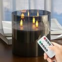 Extra Large Flameless Candles with 3 Wicks, 6"x6" Glass Battery Operated Candles with Remote, Real Wax Flickering LED Candles Fake Candle for Home, Wedding, Party, Gray