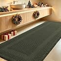 Extra Large Waffle Bath Mat, Boho Woven Modern Bath Rug Absorbent Non Slip, Ultra Soft Bathroom Mats, Machine Washable Knit Bath Rugs with Tassels for Bathroom, Bedroom, Kitchen, 6'x2', Dark Green