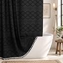 Extra Long Black Woven Fabric Boho Shower Curtain with Tassels 72 x 80 Modern Farmhouse Minimalist, Tufted Chevron Textured Striped Shabby Chic, Water Resistant Cloth Curtain for Bathroom, Hotel Decor