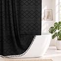 Extra Long Boho Black Shower Curtain with Tassels, 72 x 96, Tufted Chevron Striped Chenille Woven Fabric Cloth Shower Curtain Modern Farmhouse Minimalist, Shabby Chic Textured for Bathroom