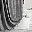 Extra Long Boho Grey Woven Fabric 84 Inch Shower Curtain 72 x 84 Tufted Chevron Striped Shabby Chic Textured, Modern Farmhouse Minimalist, Water Resistant Curtain Set for Bathroom, Hotel Decor