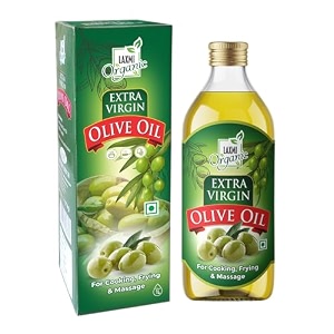 laxmi organic extra virgin olive oil 1l  cold pressed jaitun ka tel  100 percent pure edible oil for cooking and salad dressing  suitable for hair skin care and baby massage  natural and trans fat free