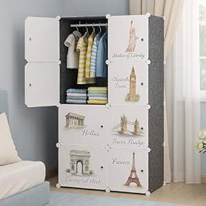 8 door kids plastic wardrobe for clothes foldable plastic almirah for clothes collapsible wardrobe for storage baby cupboard for clothes storage rack for kids print black 8 door
