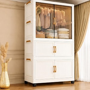 exvito modular plastic wardrobe for bedroom  1 tier2 bins foldable cupboard with hanging rod  stackable storage almirah for clothes with wheels  multi-layer plastic storage cabinet-beige