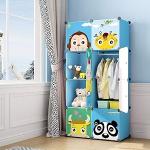 exvito kids portable diy cartoon wardrobe  multi-shelf almirah for baby clothes storage  plastic kids cupboard with hanging space  sun protection with anti-slip handle panda blue 8 door