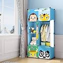 EXVITO Kids Portable DIY Cartoon Wardrobe | Multi-Shelf Almirah for Baby Clothes Storage | Plastic Kids Cupboard with Hanging Space | Sun Protection with Anti-Slip Handle (Panda Blue, 8 Door)