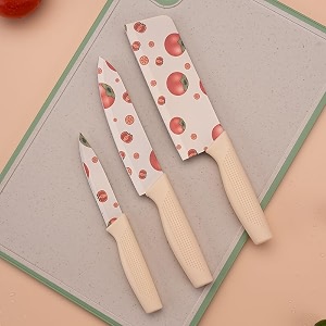 exvito knife set for kitchen  professional stainless steel set of 3 kitchen knife meat knife chef39s knife with non-slip handle sharpening for home kitchen and restaurant - tomato-beige