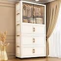EXVITO Modular Plastic Wardrobe for Bedroom | 2 Tier+2 Bins Foldable Cupboard with Hanging Rod | Stackable Storage Almirah for Clothes with Wheels | Multi-Layer Plastic Storage Cabinet - White