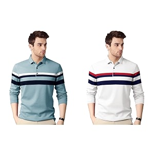 EYEBOGLER Polo Neck Half Sleeve Striped Print