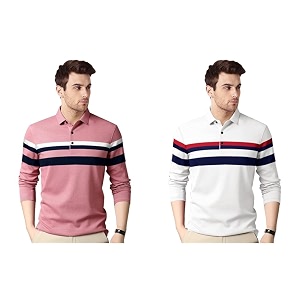 EYEBOGLER Polo Neck Half Sleeve Striped Print