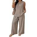 Eytino Plus Size 2 Piece Sets for Women Summer Travel Vacation Outfits Sleeveless Tops Wide Leg Pants Matching Sets(1X-5X)