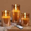 Eywamage Gold Glass Flameless Pillar Candles with Remote, Flickering Fall LED Candles Battery Operated Set of 3