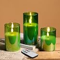 Eywamage Green Glass Flameless Pillar Candles with Remote Set of 3