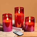 Eywamage Red Christmas Glass Flameless Pillar Candles with Remote