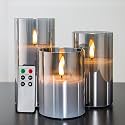 Eywamage Smoke Grey Glass Flameless Pillar Candles with Remote, Flickering LED Battery Candles Table Decor Set of 3