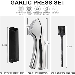 garlic press premium garlic mincer with silicone roller peeler amp cleaning brush professional food grade rust proof garlic crusher easy to squeeze and easy to clean dishwasher safe 3pcs