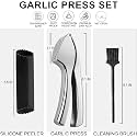 Garlic Press, Premium Garlic Mincer with Silicone Roller Peeler & Cleaning Brush, Professional Food Grade Rust Proof Garlic Crusher Easy to Squeeze and Easy to Clean Dishwasher Safe (3PCS)