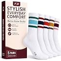 F|B Striped Retro Crew Socks for Women and Men - Pair of 5 Triple Striped Socks with Terry Cushioned Sole