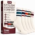 F|B Striped Retro Crew Socks for Women and Men - Pair of 5 Triple Striped Socks with Terry Cushioned Sole