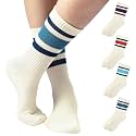F|B Striped Retro Crew Socks for Women and Men - Pair of 5 Triple Striped Socks with Terry Cushioned Sole