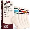 F|B Striped Retro Crew Socks for Women and Men - Pair of 5 Triple Striped Socks with Terry Cushioned Sole