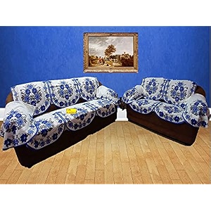 fab nation 14 sofa covers for 5 seater sofa set polyester blend fabric - net sofa cover amp chair cover set white blue