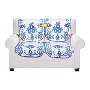 fab nation premium net polyester blend floral sofa cover blue white golden grey 30x23 inches - 2 seater