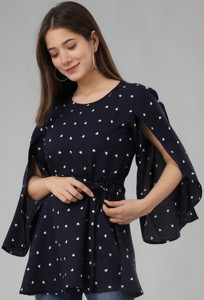 fab star casual cape sleeves printed women blue top