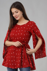 fab star casual cape sleeves printed women maroon top