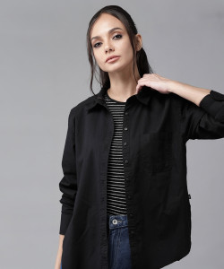 fab star women solid casual black shirt
