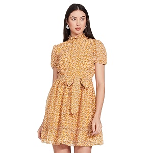 FabAlley Womens Georgette Skater Regular Yellow Floral