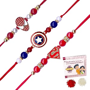 fabdrap - superhero cartoon rakhi for kids brothersister set of 3 - rakhi with greeting card set of 3new