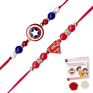 fabdrap - superhero cartoon rakhi for kids brothersister - set of 2  set of 3 rakhi with greeting card amp roli chawal
