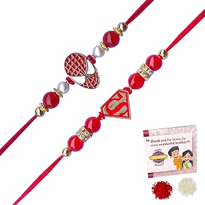 fabdrap - superhero cartoon rakhi for kids brothersister - set of 2  set of 3 rakhi with greeting card amp roli chawal