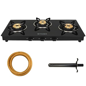 faber 3 burner daisy pro cooktop  free hose pipe amp piesco lighter black glass top  powder coated pan support  manual ignition  brass burners  cooktop daisy pro 3bb  2 yrs comprehensive warranty