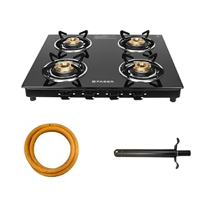 faber 4 burner daisy pro cooktop  free hose pipe amp piezo lighter  black glass top  powder coated pan support  manual ignition  brass burners  cooktop daisy pro 4bb  2 yrs comprehensive warranty