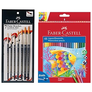 faber-castell design series aquarelle full length water color pencils - 48 shades paint brush set - round pack of 7 navy blue