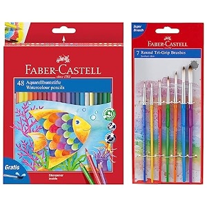 faber-castell design series aquarelle full length water color pencils - 48 shades tri-grip brush - round pack of 7 assorted