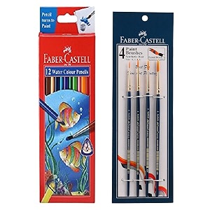 faber-castell water color pencils with paint brush - pack of 12 assorted paint brush set - round pack of 4 navy blue